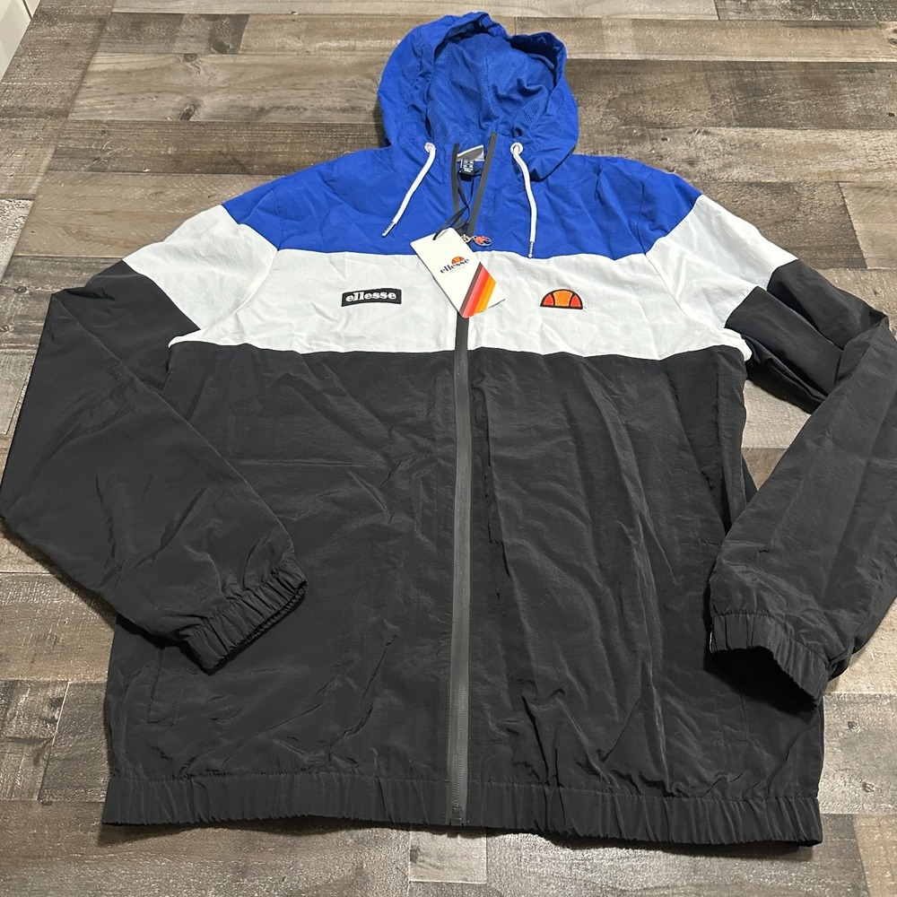 Ellesse Heritage Full Zip Hooded Windbreaker Jacket Mens Sz XL Blue Black White